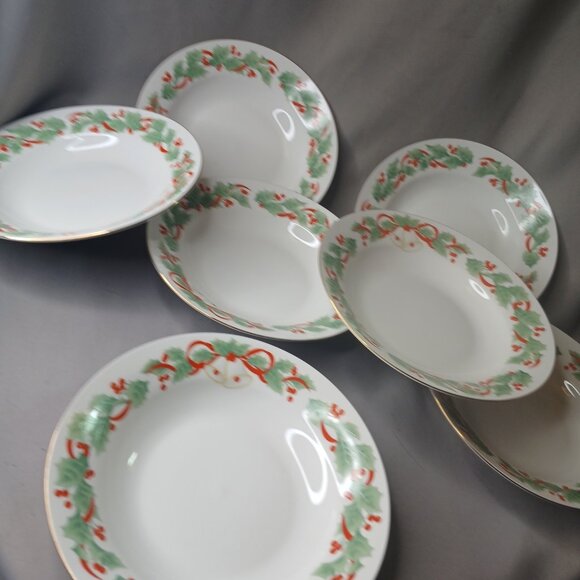Sango NOEL 7 Rimmed 7 3/4" Soup Cereal Bowls Vintage Holly Bells Christmas 1990 - Picture 3 of 13
